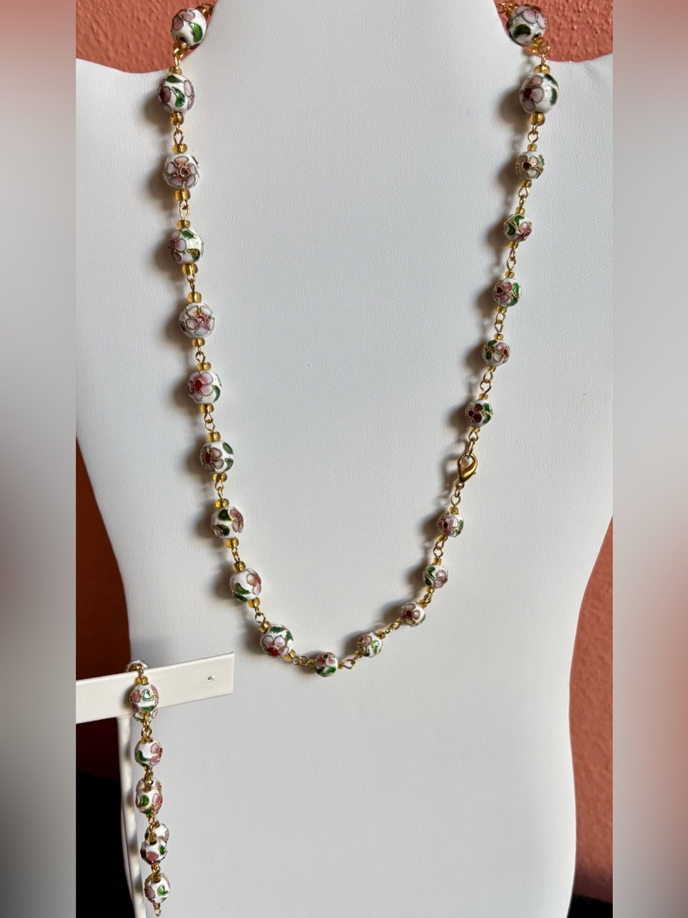 Floral Cloisonné-Style Bead Necklace & Bracelet Set – Pink Green Gold Tone